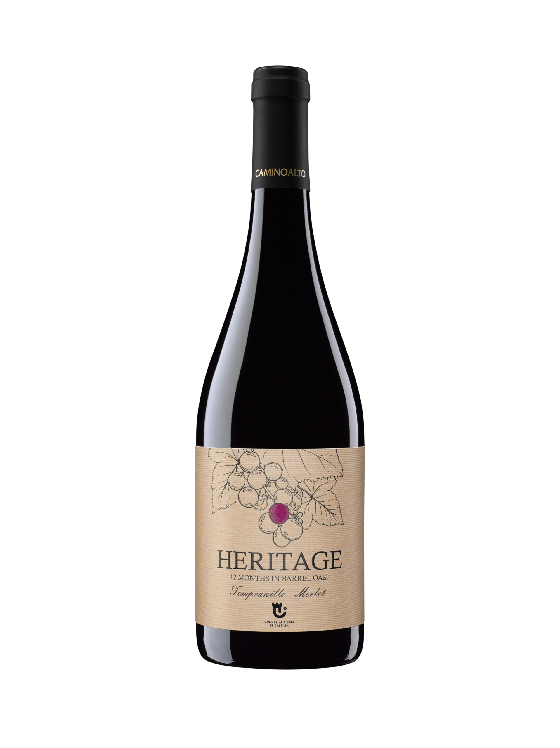 Botella de Heritage, vino tinto crianza ecológica Tempranillo Merlot — Bodegas Camino Alto